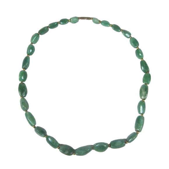 Vintage Green Aventurine Stone Beaded Necklace 23 Inch Brass Bead Jewelry - Picture 10 of 10